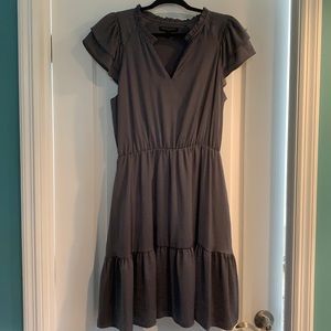 Gray flowy dress with cinched waist
